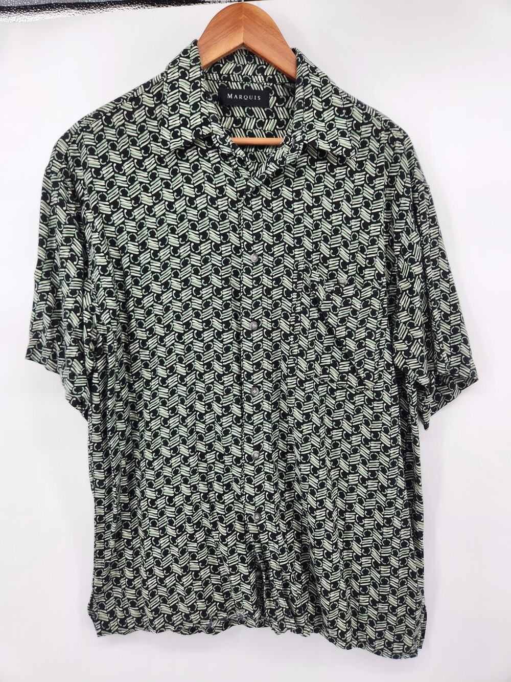 Marquis Men's Medium Short Sleeve Button Front Green Black Abstract Print